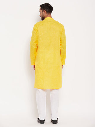 VM BY VASTRAMAY Men's Yellow Cotton Kurta And White Pyjama Set