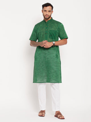 VM By VASTRAMAY Men's Solid Green Pure Cotton Kurta With White Pant Style Pyjama Set