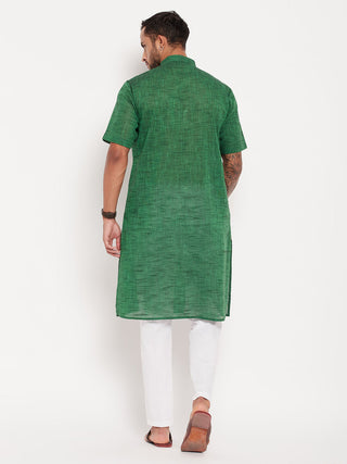 VM By VASTRAMAY Men's Solid Green Pure Cotton Kurta With White Pant Style Pyjama Set