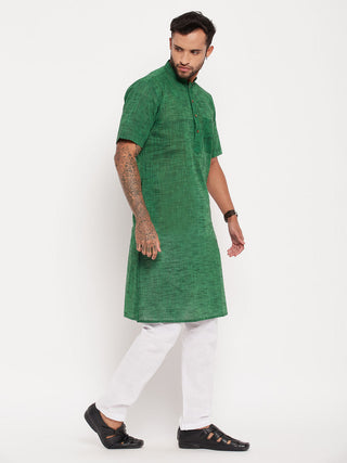 VM BY VASTRAMAY Men's Solid Green Pure Cotton Kurta With White Pyjama Set