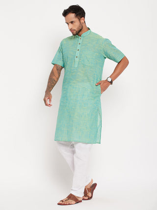 VM BY VASTRAMAY Men's Solid Parrot Green Pure Cotton Kurta With White Pyjama Set