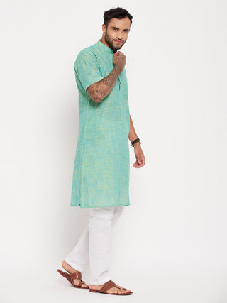 VM BY VASTRAMAY Men's Solid Parrot Green Pure Cotton Kurta With White Pyjama Set