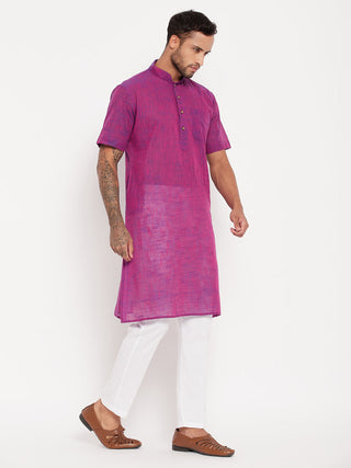 VM By VASTRAMAY Men's Solid Purple Pure Cotton Kurta With White Pant Style Pyjama Set