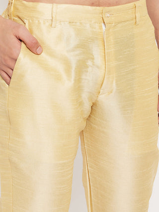 VM BY VASTRAMAY Men's Orange Matka Silk Kurta and Gold Pant Style Pyjama Set