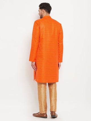VM BY VASTRAMAY Men's Orange Matka Silk Kurta and Rose Gold Pant Style Pyjama Set