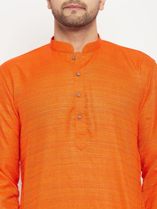 VM BY VASTRAMAY Men's Orange Matka Silk Kurta and Rose Gold Pant Style Pyjama Set