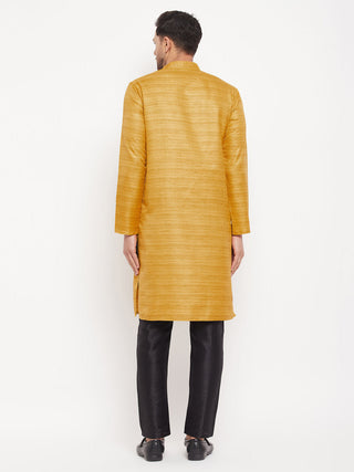 VM BY VASTRAMAY Men's yellow Matka Silk Kurta and Black Pant Style Pyjama Set