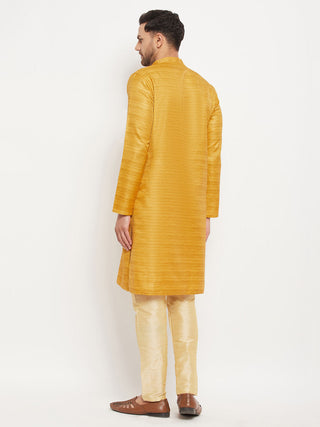 VM BY VASTRAMAY Men's yellow Matka Silk Kurta and Gold Pant Style Pyjama Set