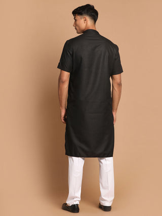 VM By VASTRAMAY Men's Black Solid Kurta with White Pant style Cotton Pyjama Set