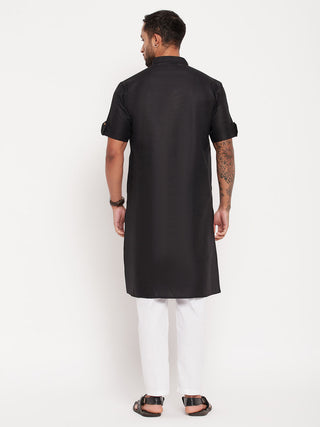 VM By VASTRAMAY Men's Black Solid Kurta with White Pant Style Pyjama Set