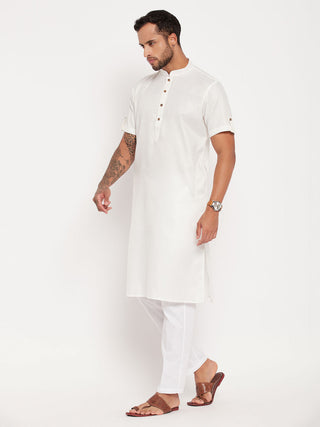 VM By VASTRAMAY Men's Cream Solid Kurta with White Pant Style Pyjama Set