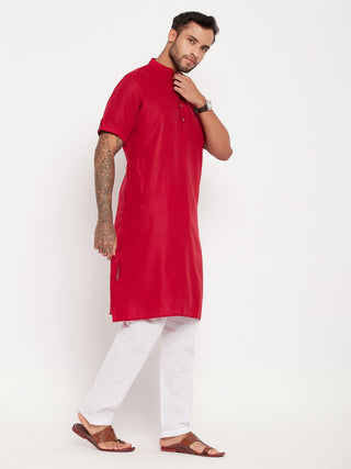 VM By VASTRAMAY Men's Maroon Solid Kurta with White Pyjama Set