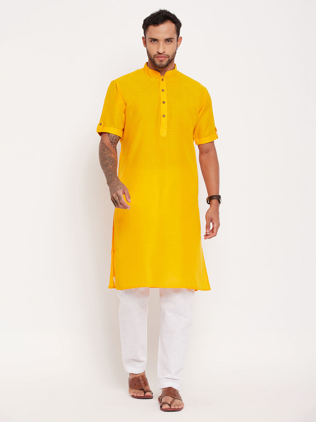 Men's Mustard Solid Kurta With White Pyjama Set