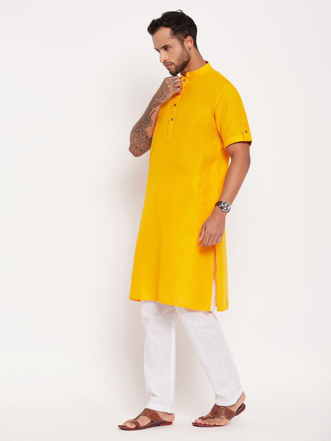 Men's Mustard Solid Kurta With White Pyjama Set