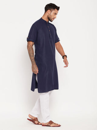 VM By VASTRAMAY Men's Navy Blue Solid Kurta with White Pyjama Set