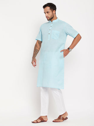 VM By VASTRAMAY Men's Aqua Blue Solid Kurta with White Pant Style Pyjama Set