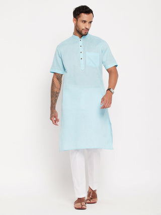 VM By VASTRAMAY Men's Aqua Blue Solid Kurta with White Pant Style Pyjama Set