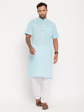 VM By VASTRAMAY Men's Aqua Blue Solid Kurta with White Pyjama Set