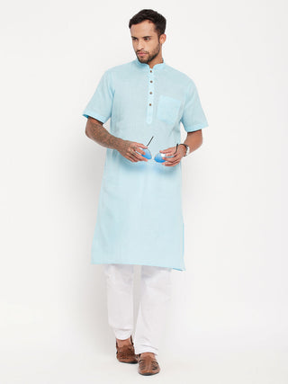 VM By VASTRAMAY Men's Aqua Blue Solid Kurta with White Pyjama Set