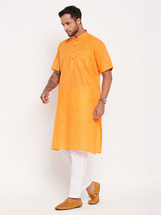 VM By VASTRAMAY Men's Orange Solid Kurta with White Pant Style Pyjama Set