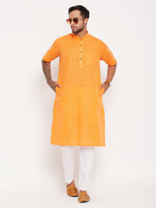 VM By VASTRAMAY Men's Orange Solid Kurta with White Pant Style Pyjama Set