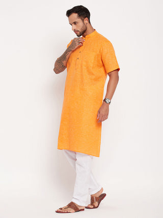 VM By VASTRAMAY Men's Orange Solid Kurta with White Pyjama Set
