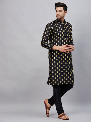 VM By VASTRAMAY Men's Black Foil Print Silk Blend Kurta Pyjama Set