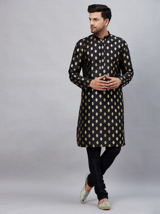 VM By VASTRAMAY Men's Black Foil Print Silk Blend Kurta Pyjama Set