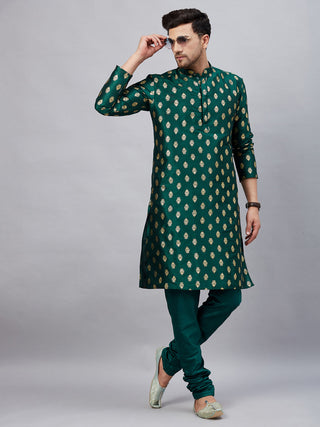 VM By VASTRAMAY Men's Green Foil Print Silk Blend Kurta Pyjama Set