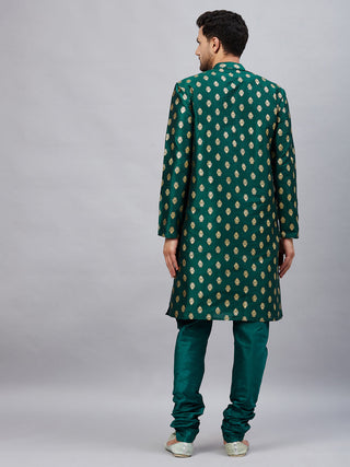 VM By VASTRAMAY Men's Green Foil Print Silk Blend Kurta Pyjama Set