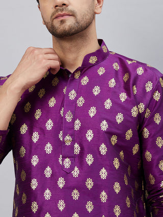 VM BY VASTRAMAY Men's Purple Foil Print Silk Blend Kurta Pyjama Set