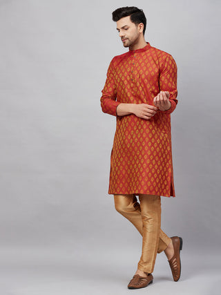 VM By VASTRAMAY Men's Red and Rose Gold Woven Kurta Pant Set