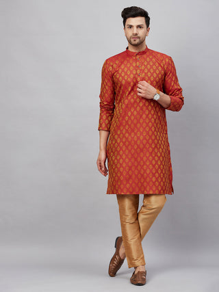 VM By VASTRAMAY Men's Red and Rose Gold Woven Kurta Pant Set