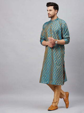 VM By VASTRAMAY Men's Turquoise Blue And  Rose Gold Woven Kurta Pant Set