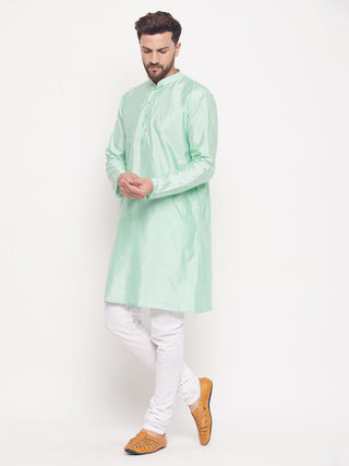VM BY VASTRAMAY Men's Aqua Blue Square Woven Design Silk Blend Kurta With White Pyjama Set