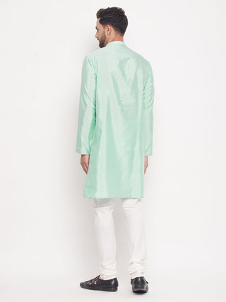 VM BY VASTRAMAY Men's Aqua Blue Square Woven Design Silk Blend Kurta With Cream Pyjama Set