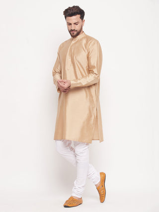 VM BY VASTRAMAY Men's Beige Square Woven Silk Blend Kurta With White Pyjama Set