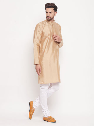 VM BY VASTRAMAY Men's Beige Square Woven Silk Blend Kurta With White Pyjama Set