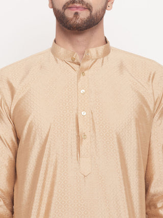 VM BY VASTRAMAY Men's Beige Square Woven Design Silk Blend Kurta With Cream Pyjama Set