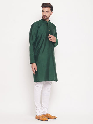 VM BY VASTRAMAY Men's Green Square Woven Silk Blend Kurta With White Pyjama Set