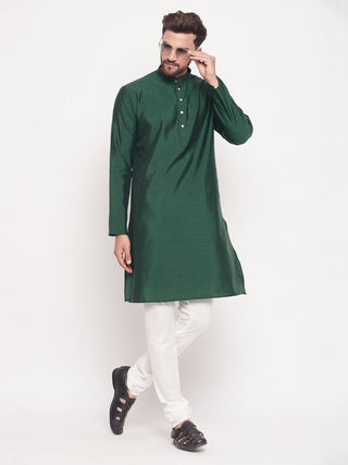 VM BY VASTRAMAY Men's Green Square Woven Silk Blend Kurta With Cream Pyjama Set