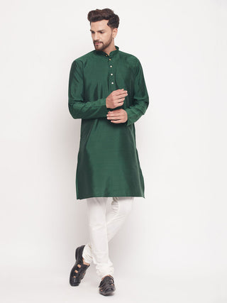 VM BY VASTRAMAY Men's Green Square Woven Silk Blend Kurta With Cream Pyjama Set