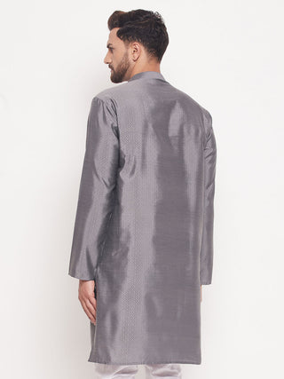 VM BY VASTRAMAY Men's Grey Square Woven Design Silk Blend Kurta