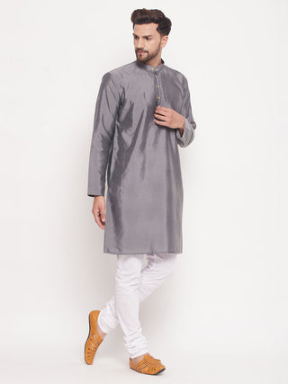 VM BY VASTRAMAY Men's Grey Square Woven Design Silk Blend Kurta With White Pyjama Set