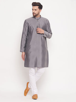 VM BY VASTRAMAY Men's Grey Square Woven Design Silk Blend Kurta With White Pyjama Set
