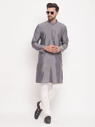 VM BY VASTRAMAY Men's Grey Square Woven Design Silk Blend Kurta With Cream Pyjama Set
