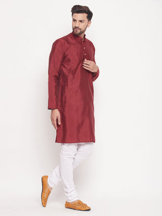 VM BY VASTRAMAY Men's Maroon Square Woven Silk Blend Kurta With White Pyjama Set