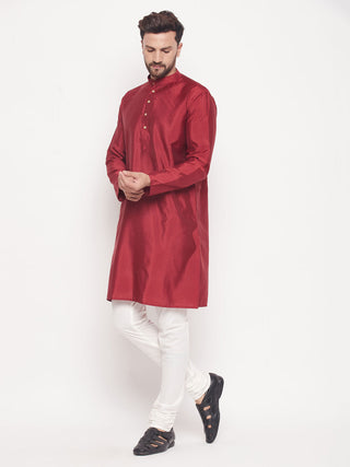 VM BY VASTRAMAY Men's Maroon Square Woven Design Silk Blend Kurta With Cream Pyjama Set