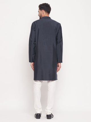 VM BY VASTRAMAY Men's Navy Blue Square Woven Silk Blend Kurta With Cream Color Pyjama Set