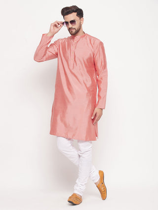 VM BY VASTRAMAY Men's Pink Square Woven Design Silk Blend Kurta